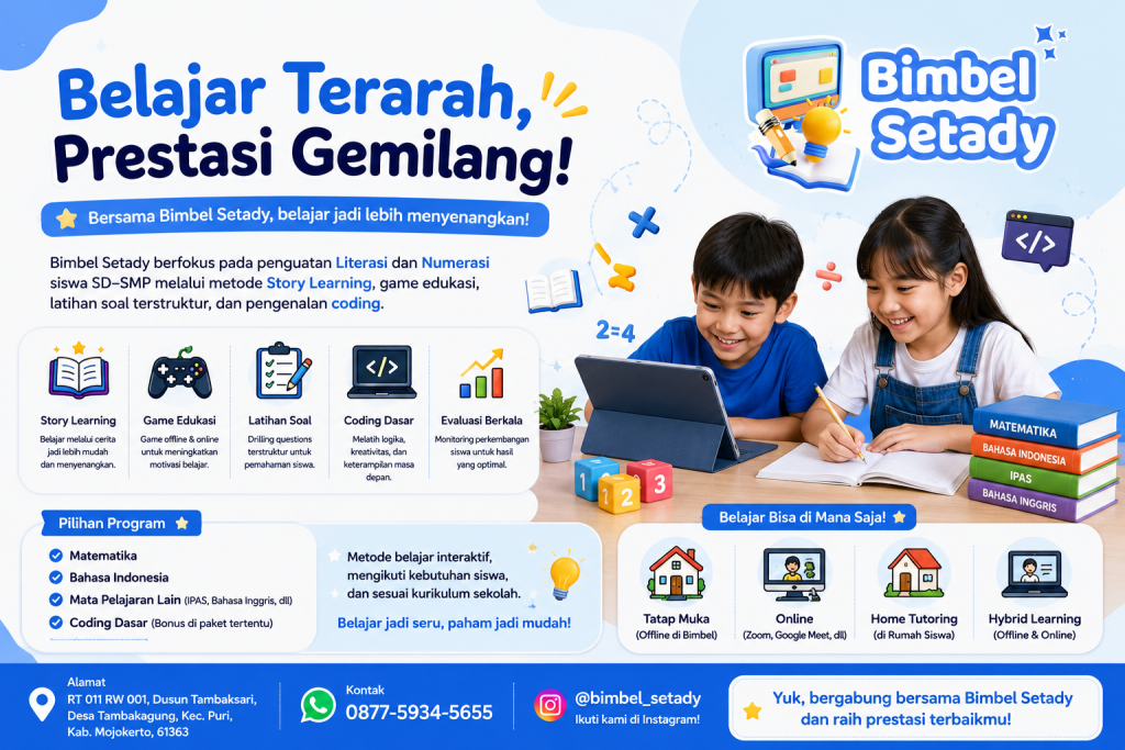 Bimbel Mojokerto untuk siswa SD dan SMP dengan pembelajaran literasi numerasi dan coding di Bimbel Setady